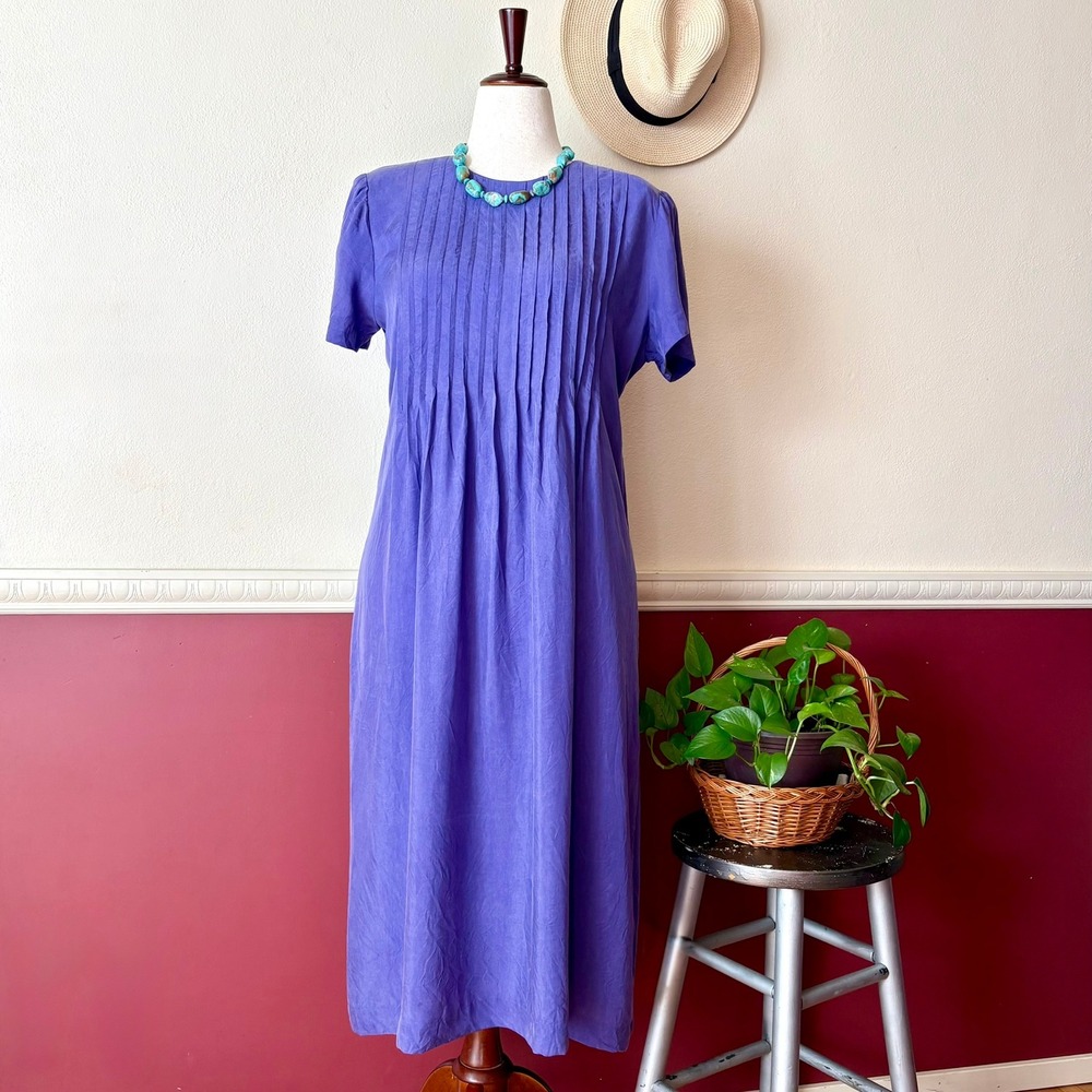 Karin Stevens Vintage Periwinkle Purple Rayon Pleated Maxi Dress 12P Tie Back